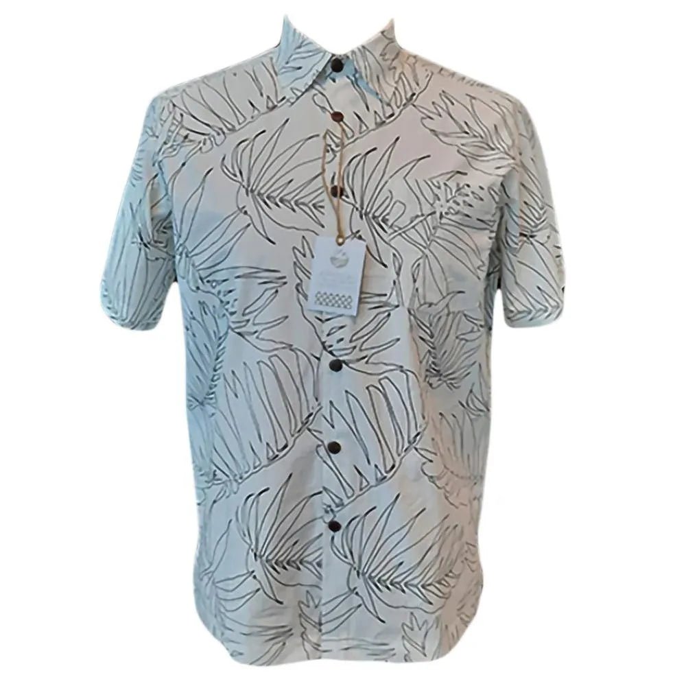 Shown on a mannequin is a white aloha Hawaiian button-down shirt with a palm leaf pattern design. Made by Phin Hawaii.