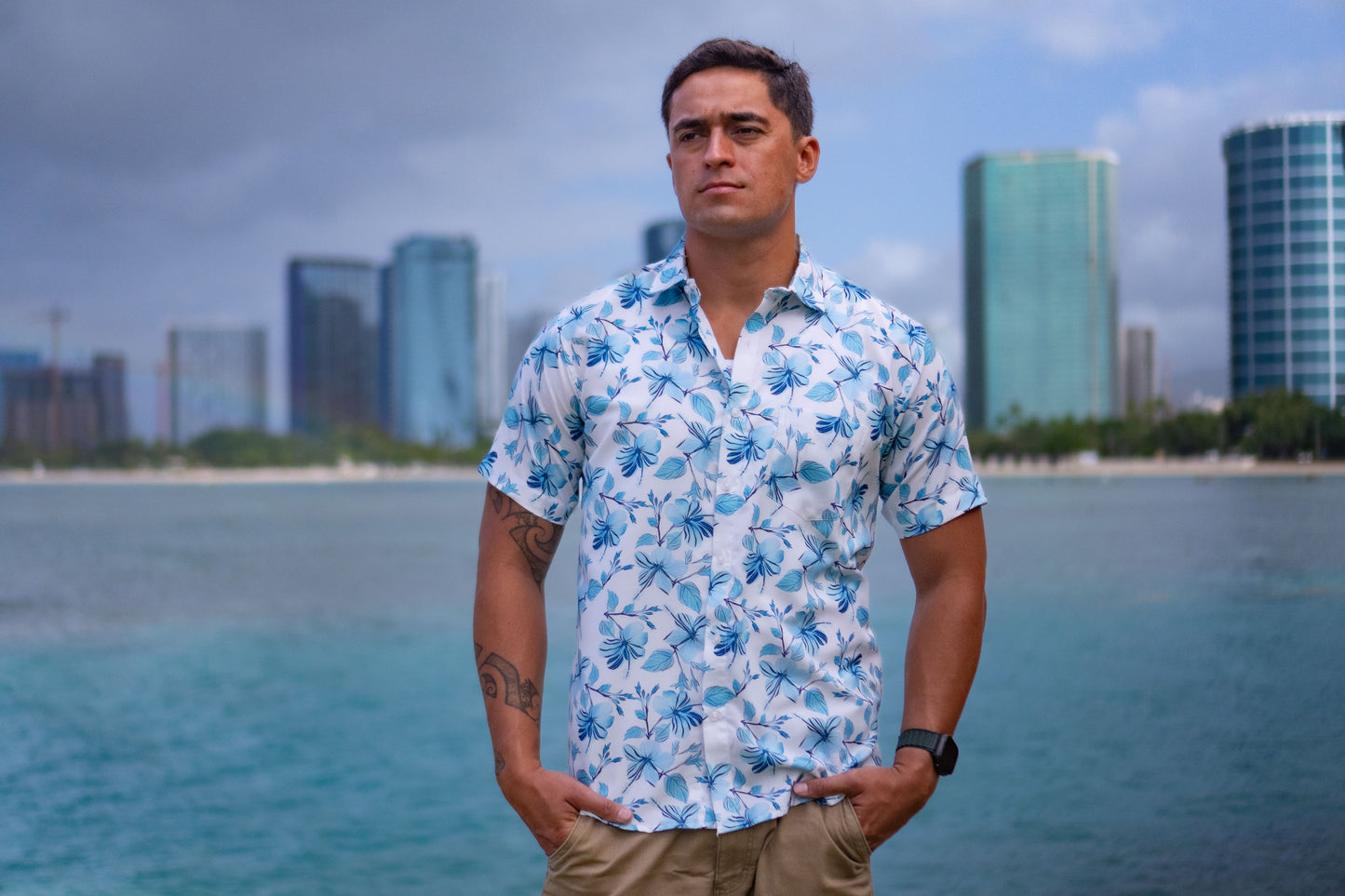 Light Blue Hibiscus White Shirt