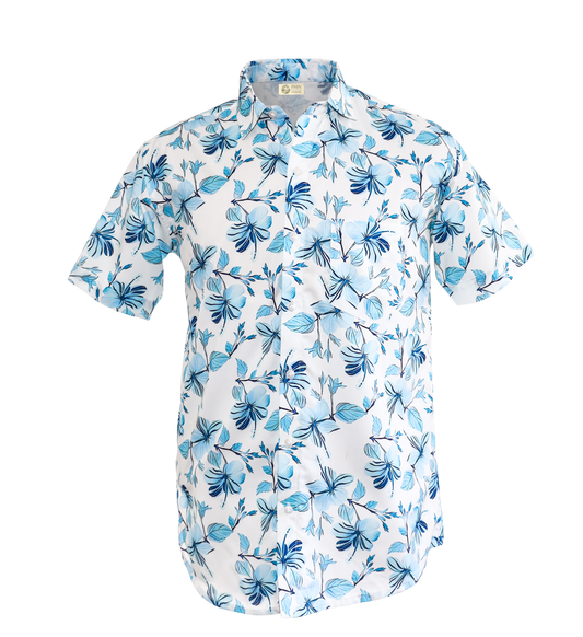 Light Blue Hibiscus White Shirt