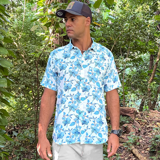 Light Blue Hibiscus White Shirt