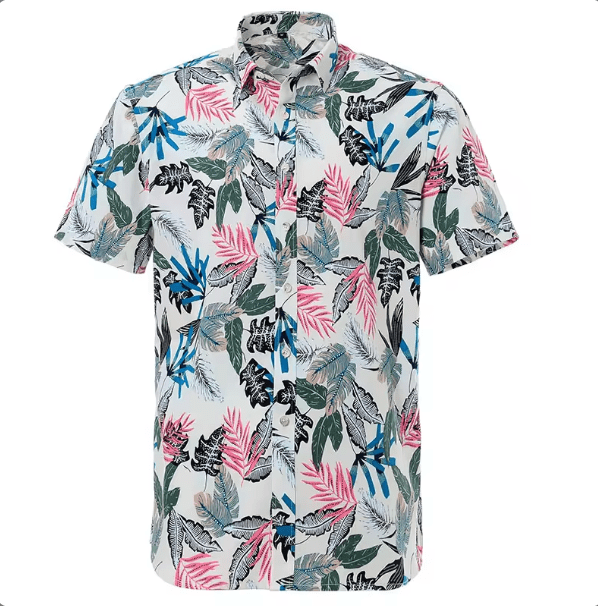 Shown on a mannequin: A men's Aloha Hawaiian button-down shirt on a model. The button-down shirt is multicolored on an off-white background with highlights of green, pink, blue, and dark brown. It has a plant and leaf pattern.