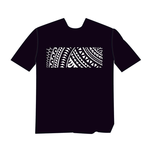 T-shirt shown on flat surface: This is a black T-shirt with a white Polynesian Tribal design. This unisex shirt was created by Phin Hawaii and made in Hawaii. 