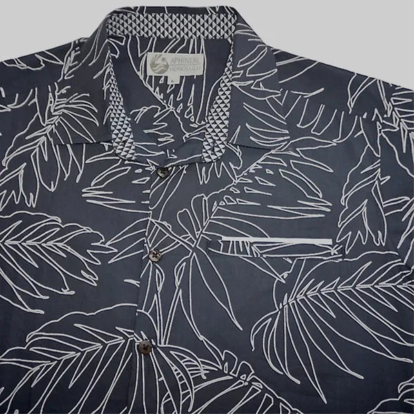 Man's Hawaiian aloha blue shirt with a closeup of the collar.