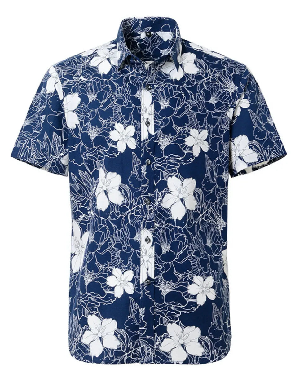 Dark blue hibiscus flower print Hawaiian aloha shirt