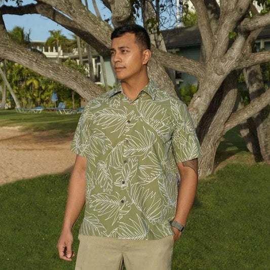 Men's Green Hawaiian aloha shirt with a palm leaf print.