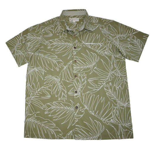 Shown on a flat surface, is a green aloha Hawaiian button-down shirt with a palm leaf pattern design. Made by Phin Hawaii.